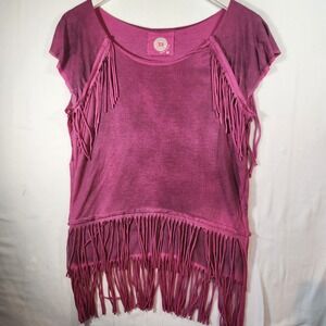 Double D Ranchwear Pink Fringe Western Boho Mineral Wash Top Womens Medium